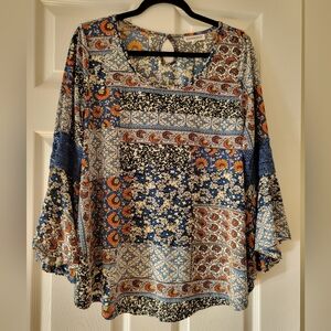 Floral Patchwork 1X Bell Sleeve Top